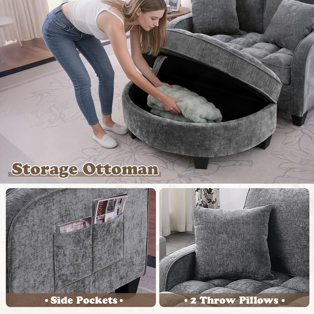Oversized Chaise Lounge Chair Indoor with Ottoman, Chenille Tufted Comfy Love...