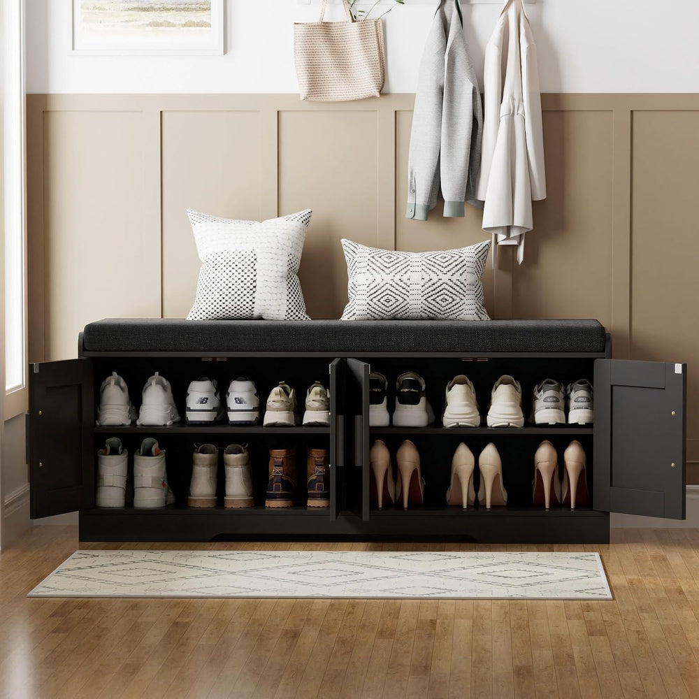 Homleke Shoe Storage Bench, 4 Doors & Thickened Padded Seat Cushion | 2-T...