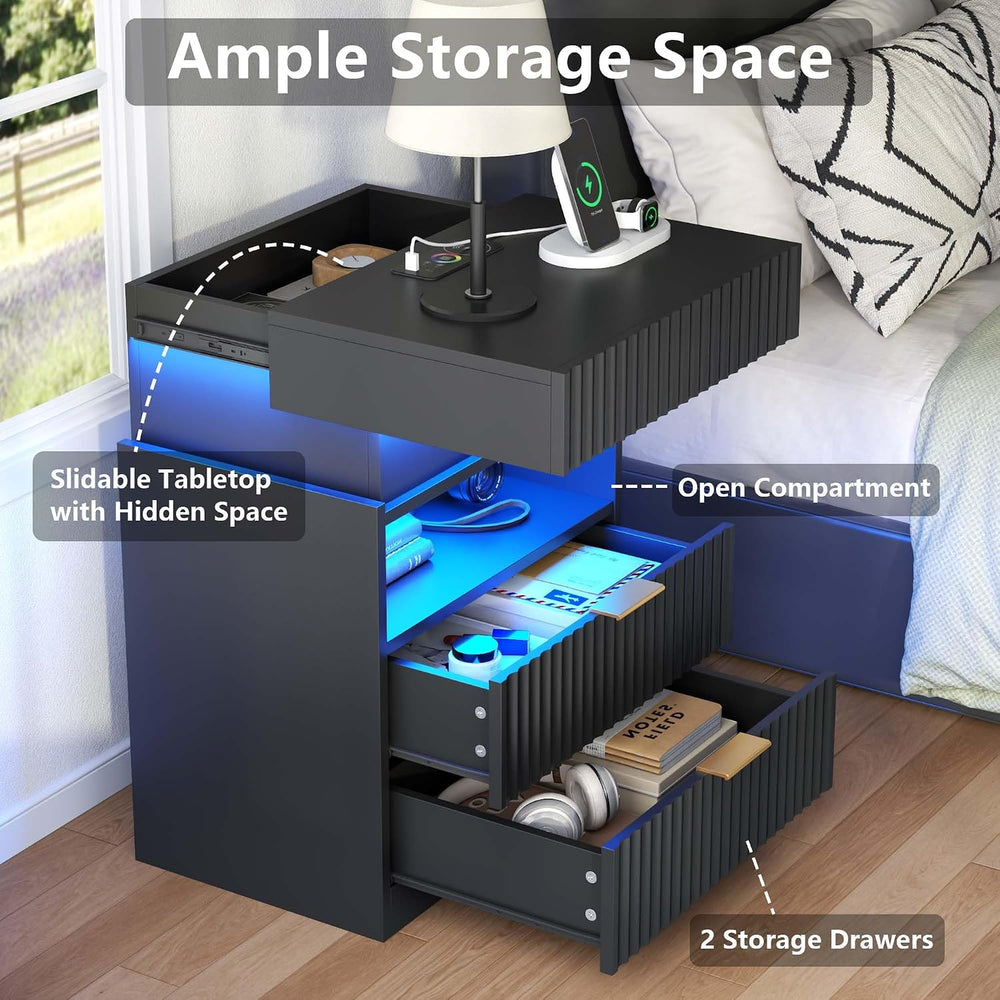 Night Stand with Wireless Charging Station, Black Bedside Table with Hidden G...