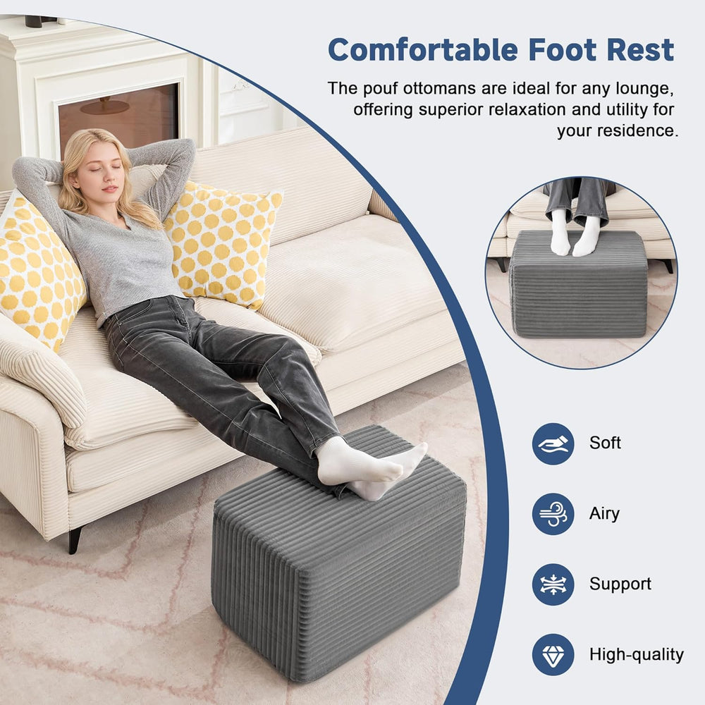 Rectangular Stuffed Pouf Ottoman Foot Rest, Corduroy Floor Pouf with Foam Chu...