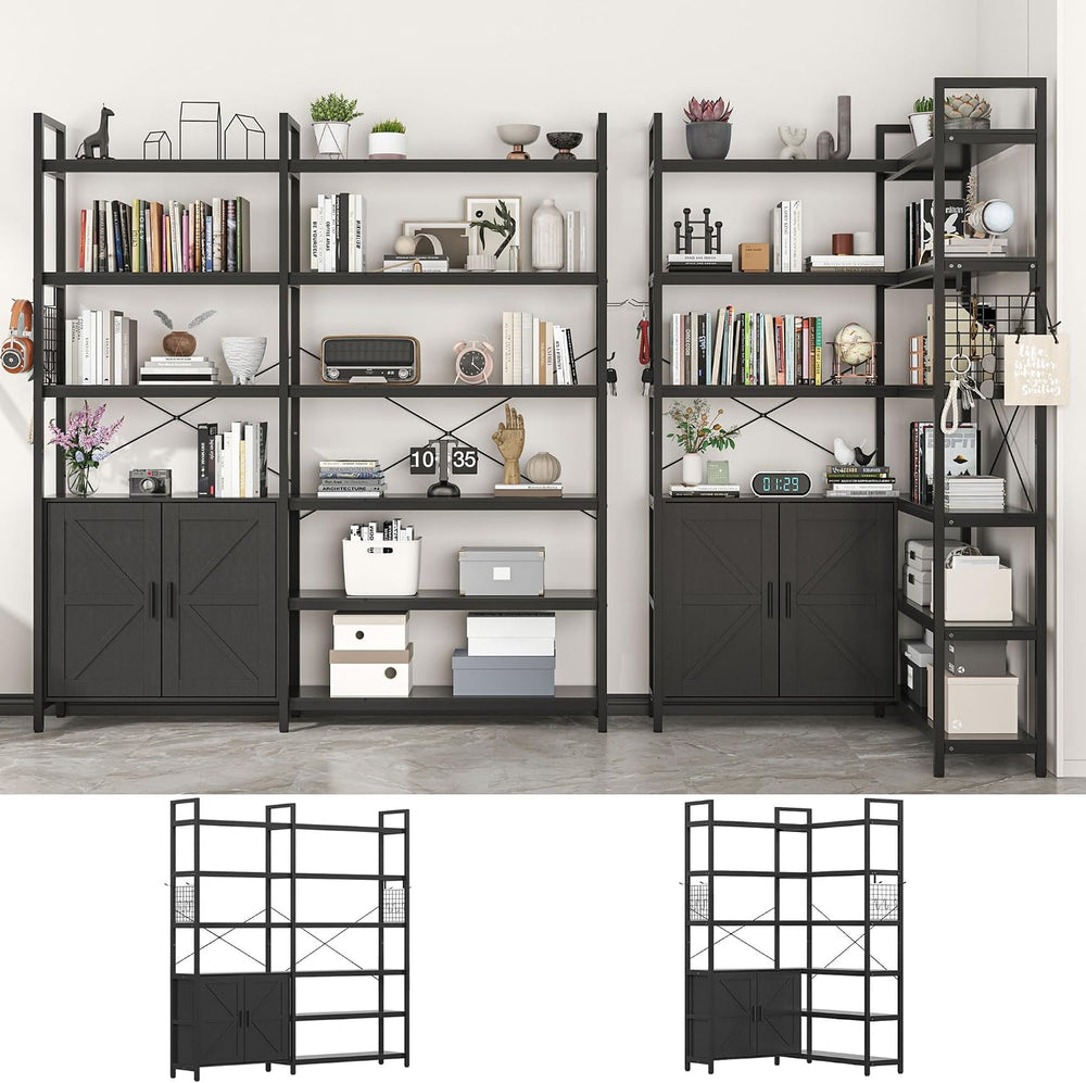 6-tire Farmhouse Black Corner Book Shelf with 2 Barn Doors and 10 Storage She...