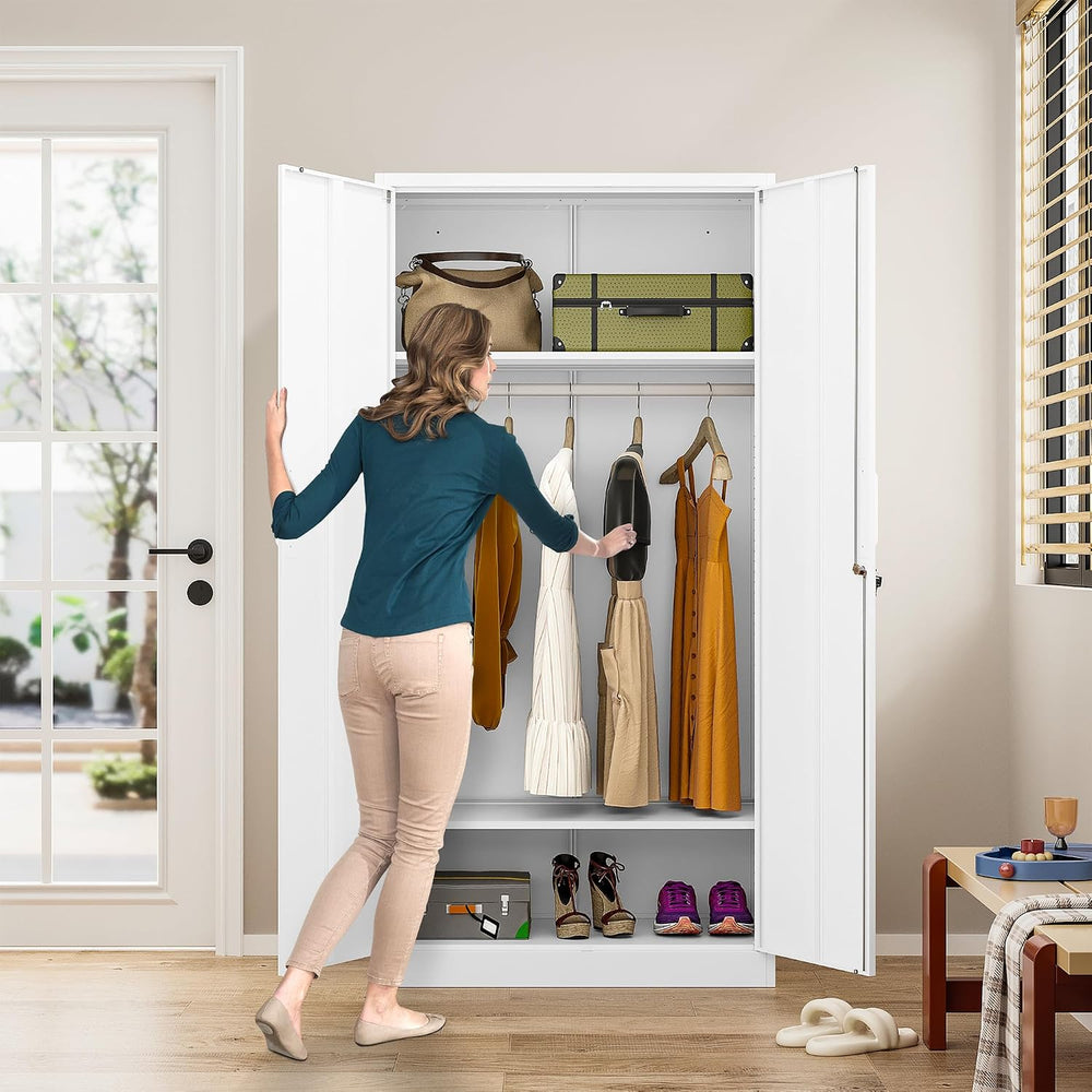 Metal Wardrobe Cabinet with Hanging Rod & Lock,White Armoire Wardrobe Clo...