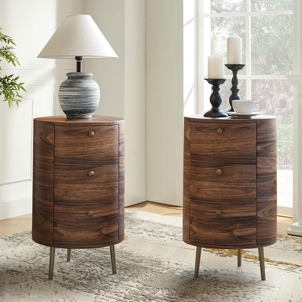 Mid Century Modern Round End Table with 3 Drawers, Small Wood Side Table with...