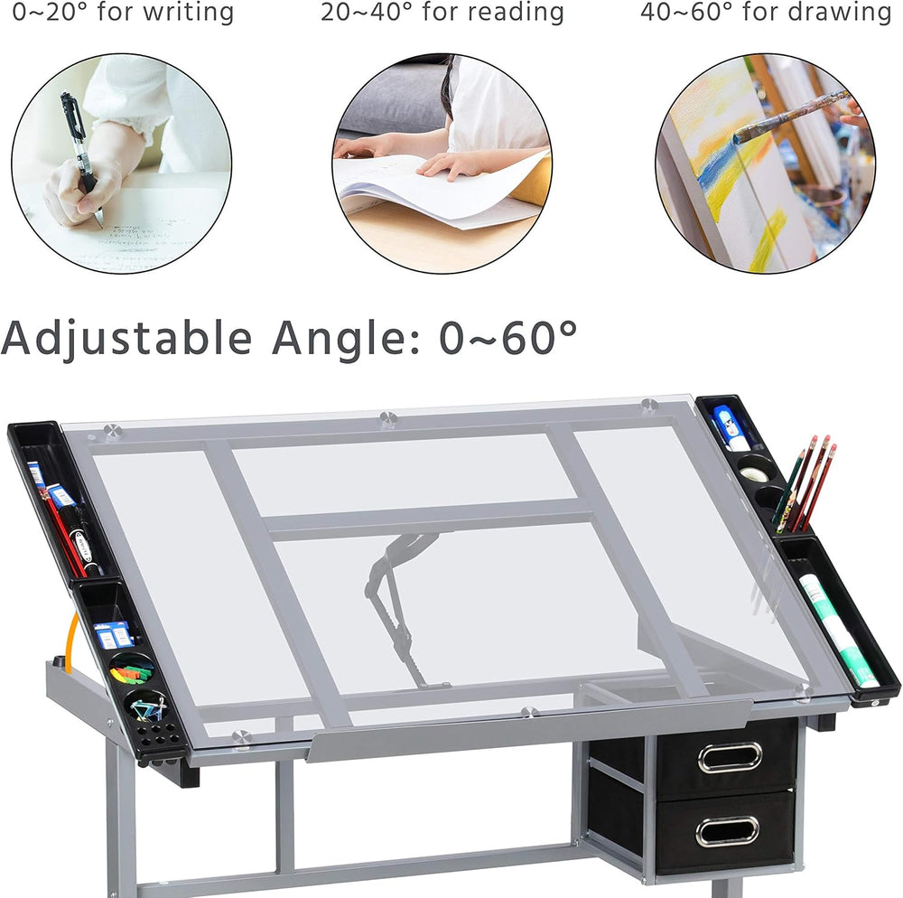 Yaheetech Glass Drafting Table with Storage, Adjustable Art Drawing Desk | Te...
