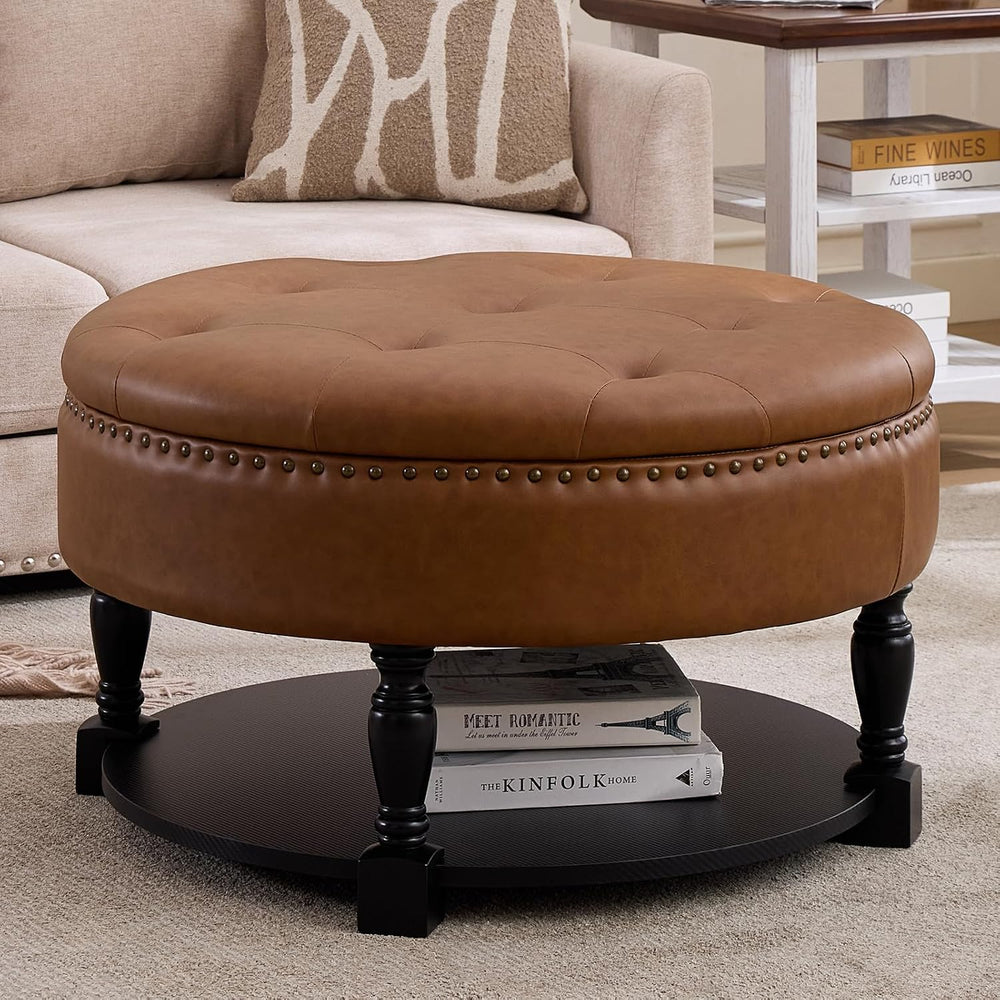 31.5 Inch Large Round Storage Ottoman with Wood Shelf Multifunctional Coffee ...
