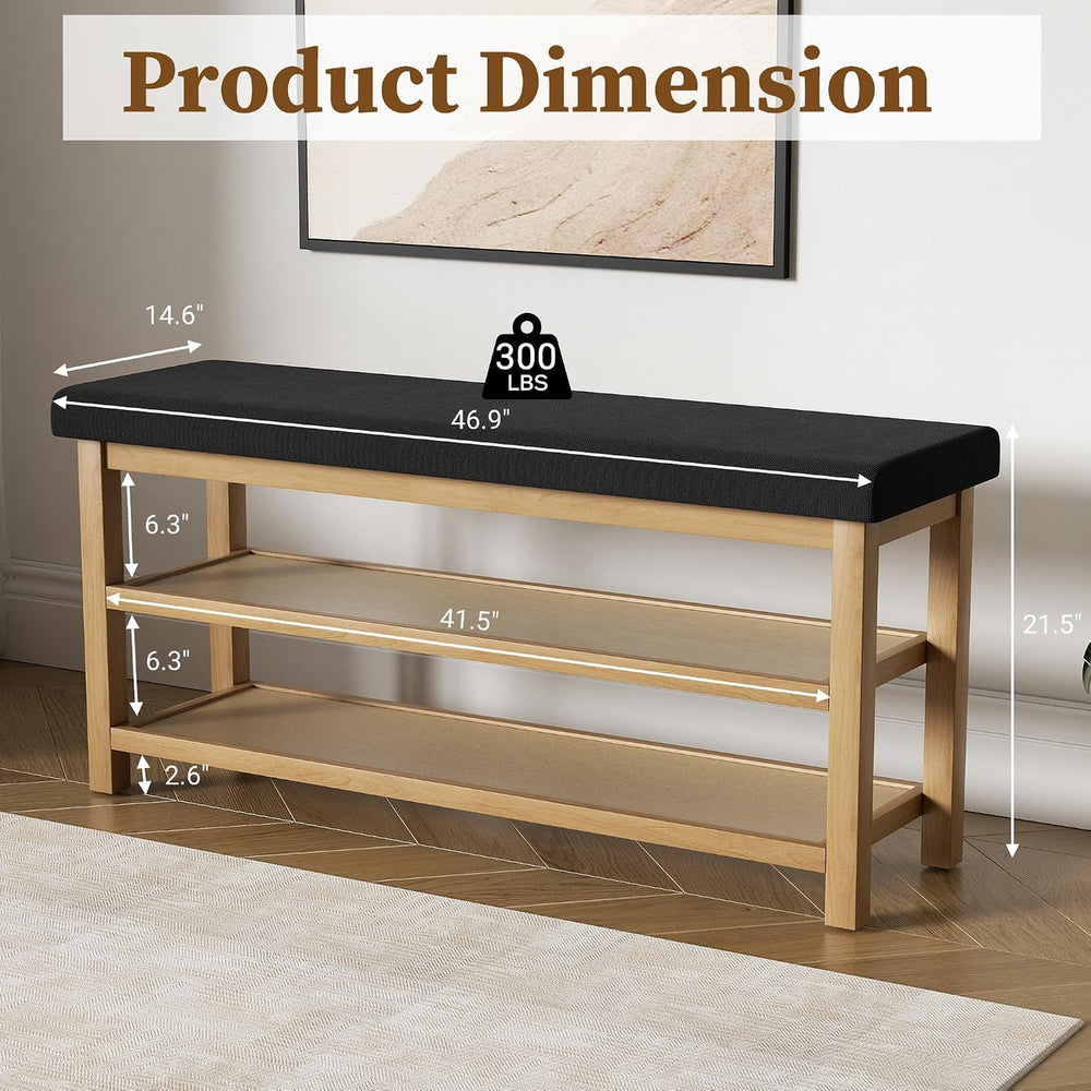 2 Tier Shoe Rack Bench with Cushion, Rubberwood Shoe Benches, Mid-Century Mod...