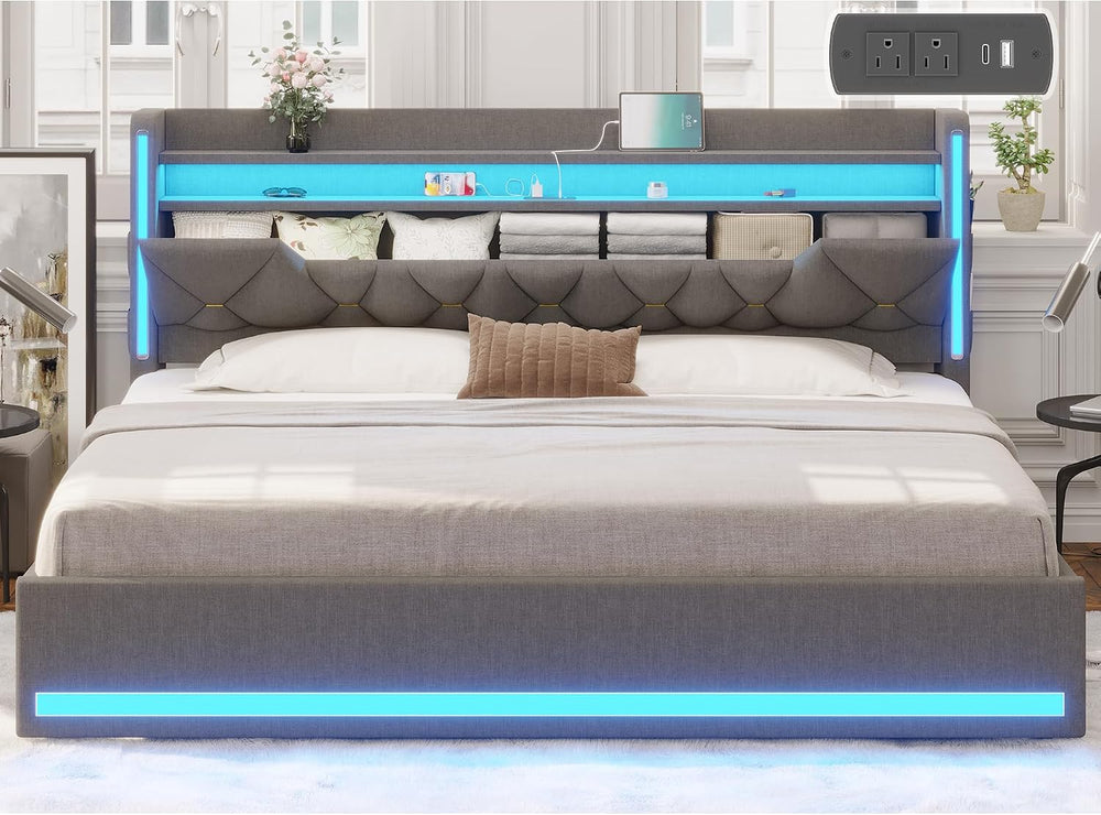 King Size Bed Frame with Marshmallow Headboard and Storage, Gray