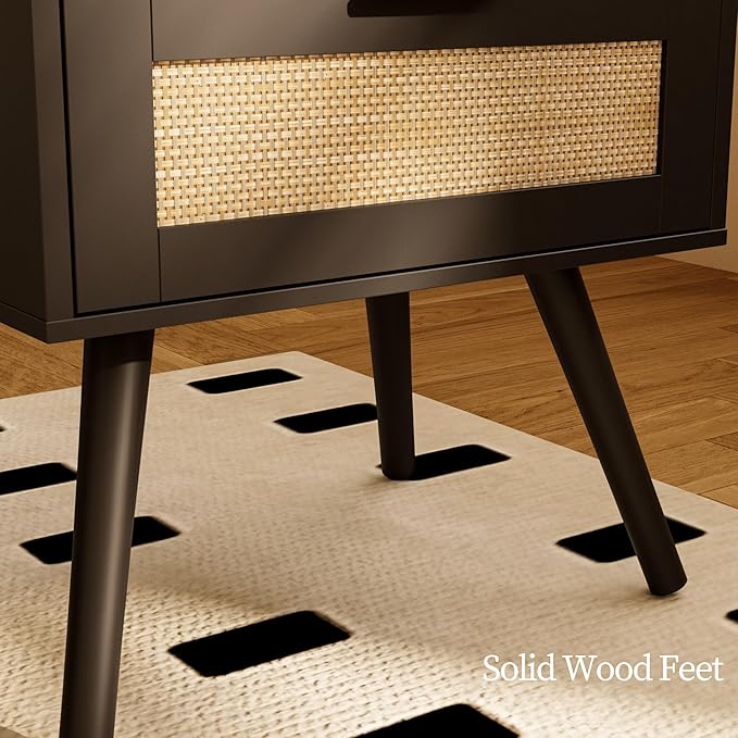 Rattan Nightstand with Charging Station,Farmhouse Bedside Table with 2 Storag...