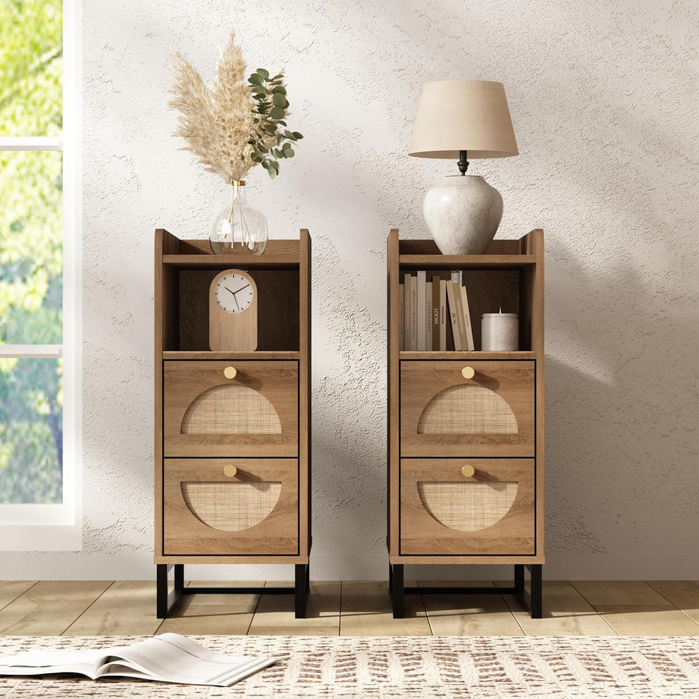 Narrow Nightstand for Small Spaces - 9.3" Slim Side Table with Rattan-We...