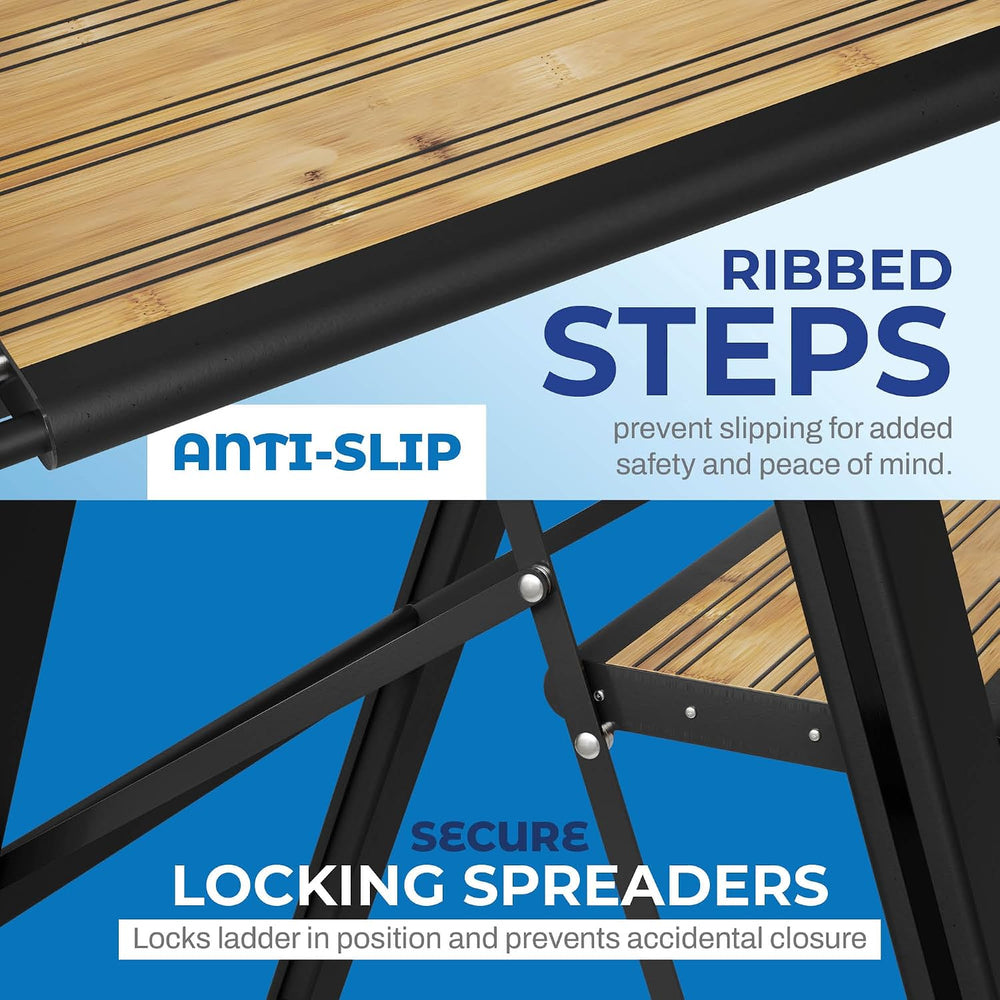Step Ladder 3 Step Folding, Decorative - Beautiful Bamboo & Black Aluminu...