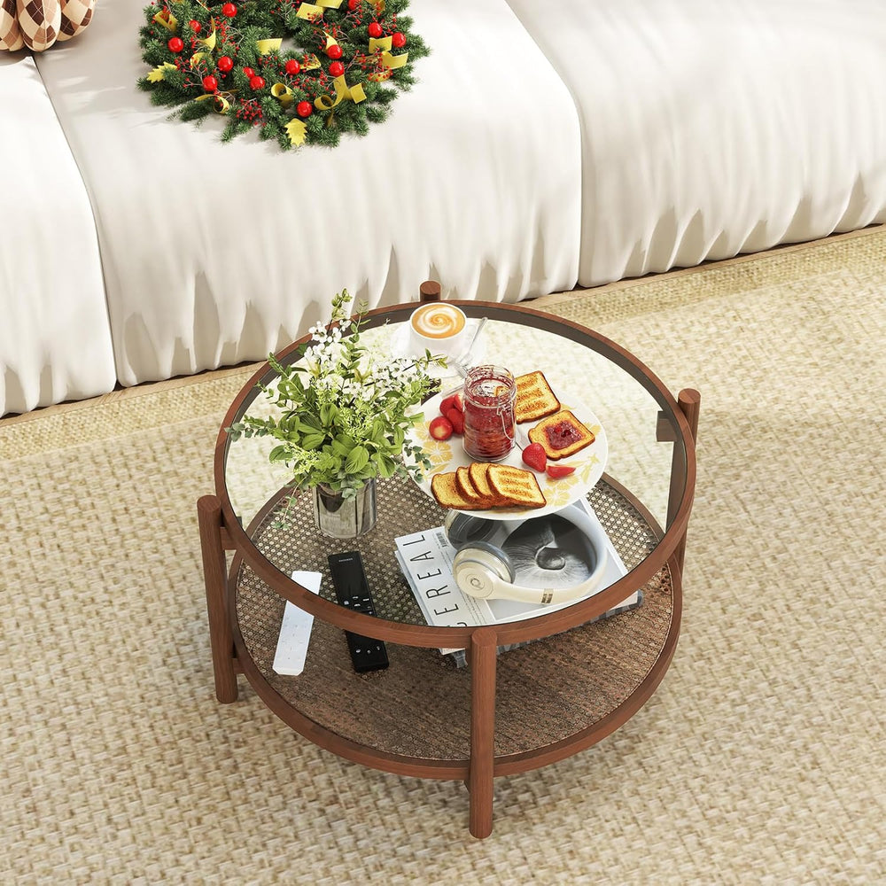 GIANTEX Rattan Coffee Table, Boho Round Glass Tea Table with PE Rattan Storag...