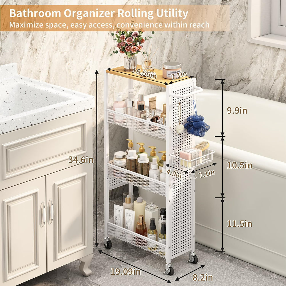 Slim Storage Rolling Cart: 4-Tier Narrow Metal & Wood Utility Cart with W...