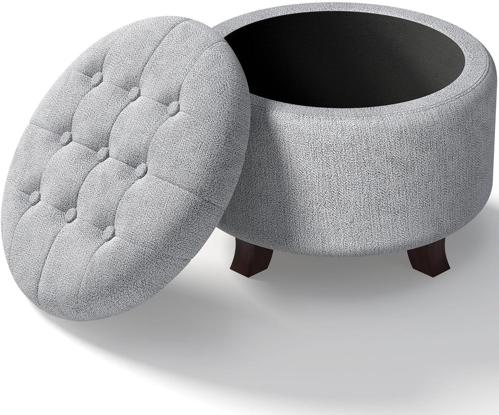 OS MOTOR Round Storage Ottoman Bench, Light Gray, 25 Inches | Multi-Functiona...