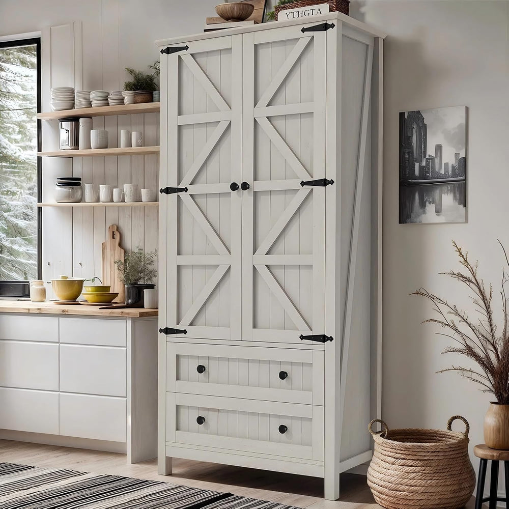 DWVO 64.5" Pantry Cabinet with Barn Doors, 2 Drawers & Shelves, Off ...