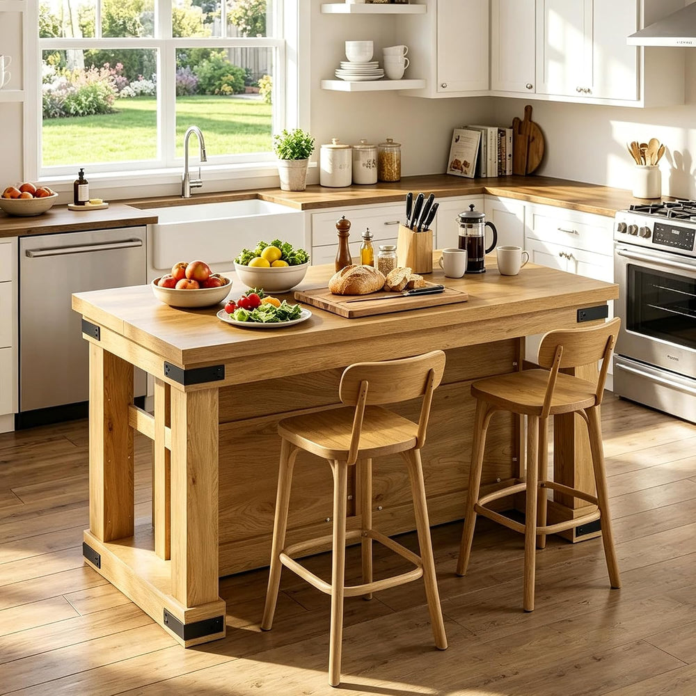 Viviwood 55" Kitchen Island with Storage and Seating, Farmhouse Wood Sta...