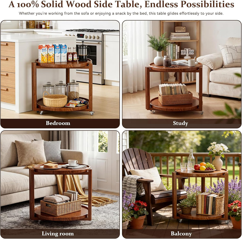 Taitiy Rolling Side Table with Wheels Solid Wood Round End Table with Storage...