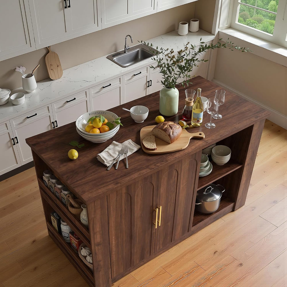 FORTUNETEC 62.9" Large Kitchen Island with Storage, Arched Doors, Walnut...