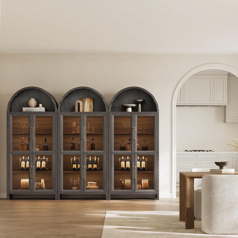 SICOTAS 74" Arched Display Cabinet with Glass Doors Set of 2, Dark Grey Oak