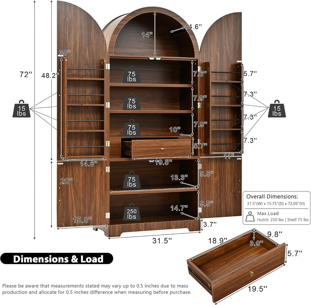 72" Tall Arched Kitchen Pantry Cabinet with 3 Adjustable Shelves, Fluted...