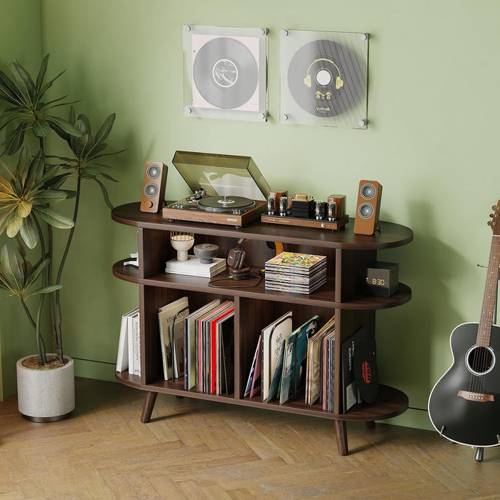 LIVEHOM Large Round Record Player Stand, Wood Record Storage Cabinet, Vinyl Record Holder with Display Area, Mid Century Modern Turntable for Living Room, Bedroom (Rustic Brown)