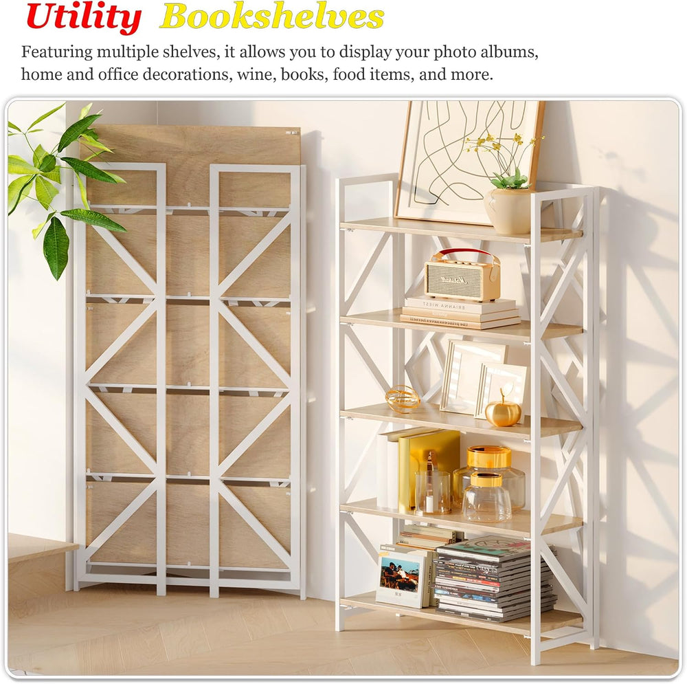UDD No Assembly Folding Bookshelf, 51.3" H x 23.6" W, 5 Tier Foldab...