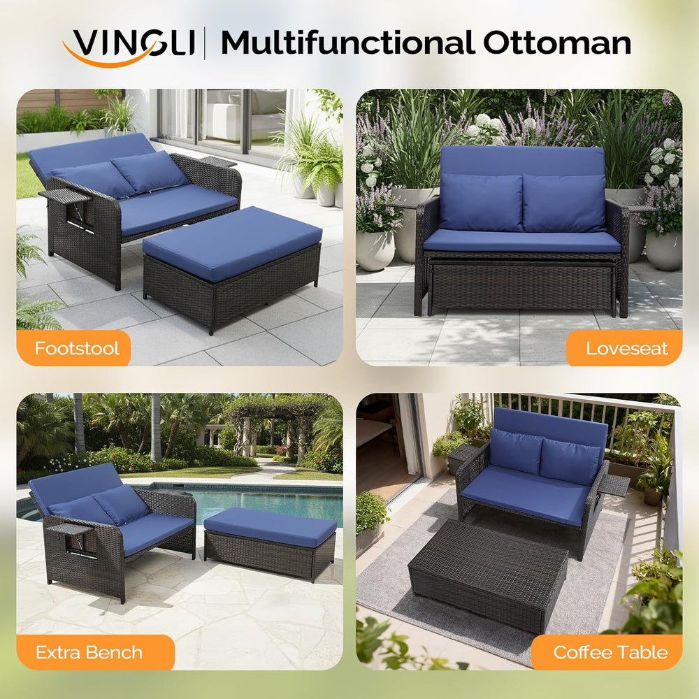 VINGLI Patio Daybed, Wicker Outdoor Daybed with Storage Ottoman & 5-Level...