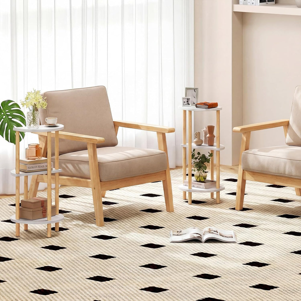 Giantex Bamboo Round Side Table Set of 2, 3-Tier Circular End Tables with Sto...