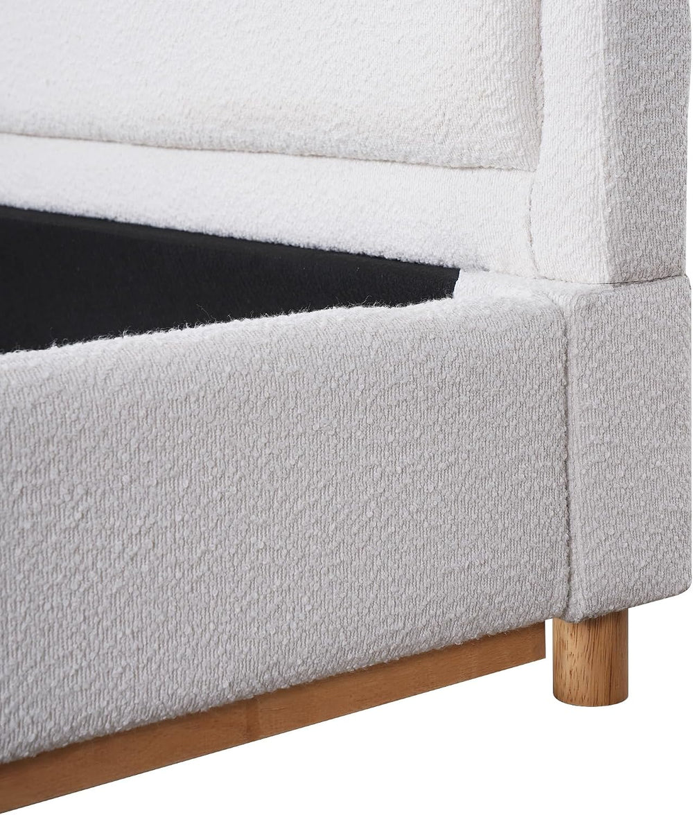 Peanu Queen Bed Frame, Boucle Upholstered Headboard, White Base