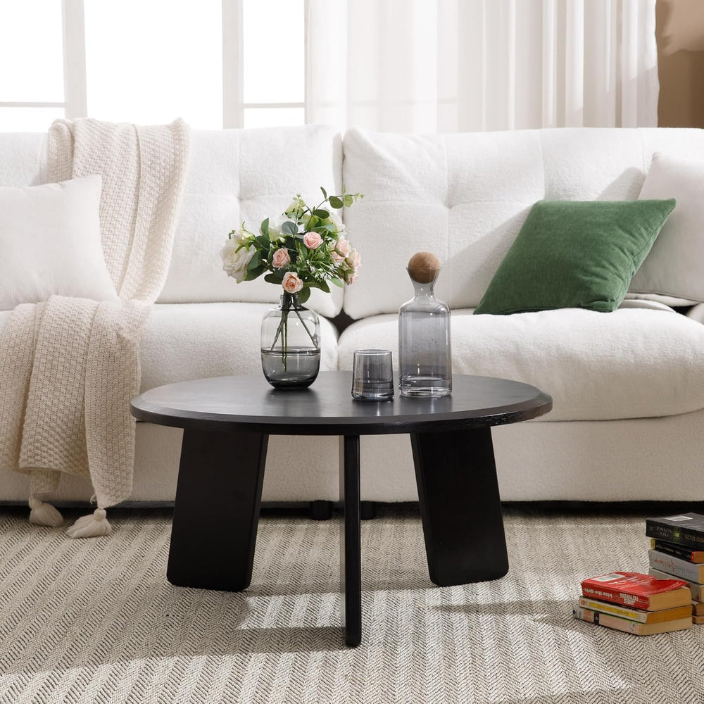 32 Inch Round Coffee Table, Solid Wood Center Table, Black