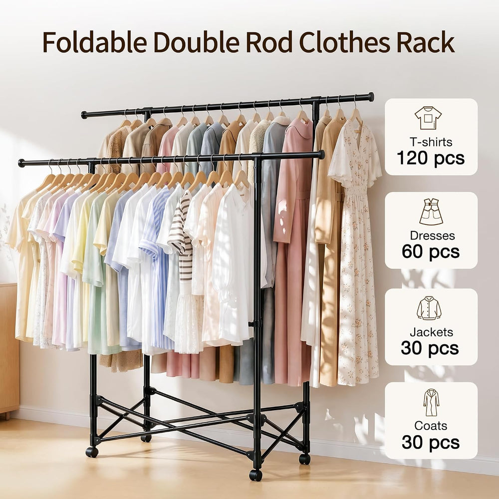 No-assembly Clothes Rack,Double Rod 59-Inch Rolling clothing rack