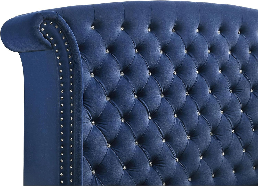 Chantel Pacific Blue Velvet Wingback Eastern King Bed - Tufted Upholstery, Ch...