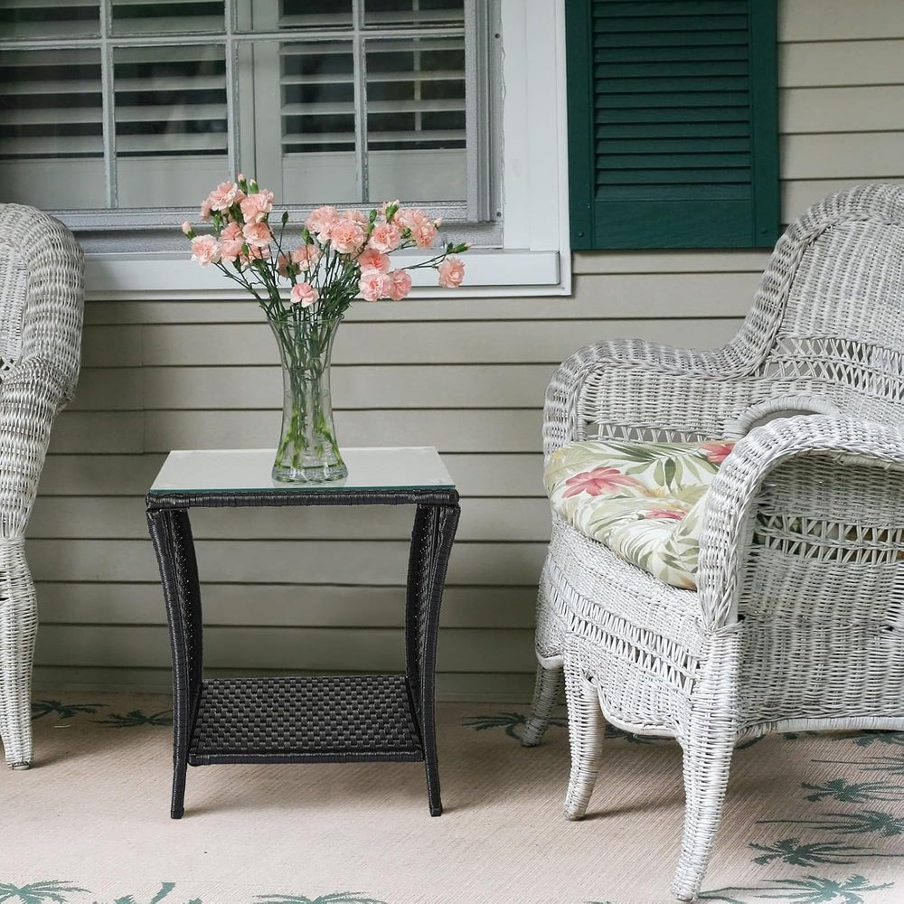 VINGLI Outdoor Wicker Side Table Patio Side Tables for Outside, Tempered Glas...