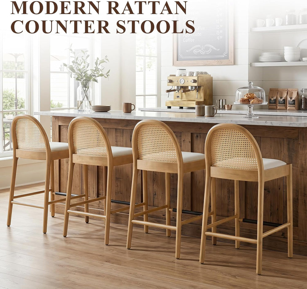 Ya-Home Mid-Century Bar Stools Set of 4, 26 Inch Rattan Back Linen Counter He...