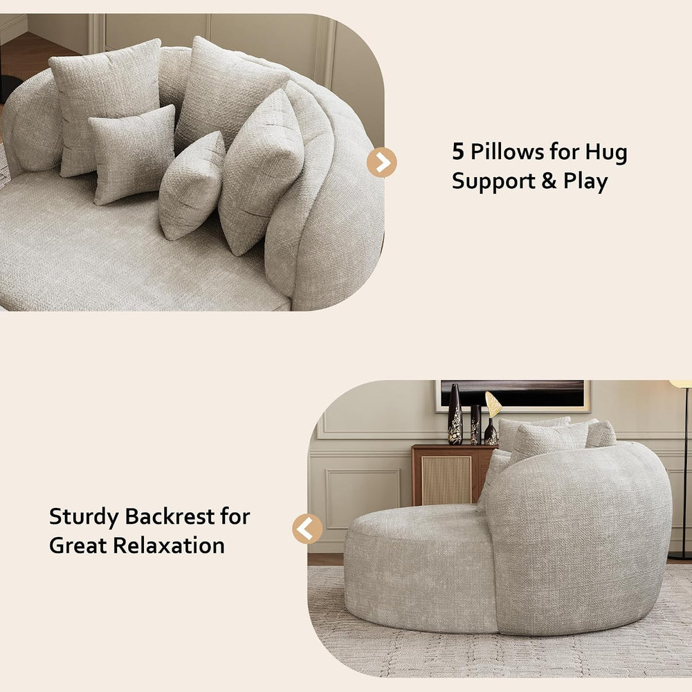 53.5" Oversized Round Chaise Lounge with Ottoman, Chenille, Beige White ...