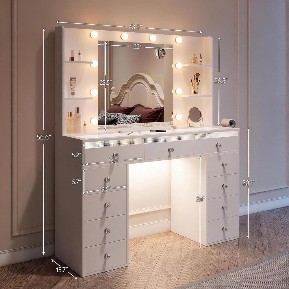Makeup Vanity Glass Top, White Vanity Desk, Dressing Table, 23.5" Mirror...