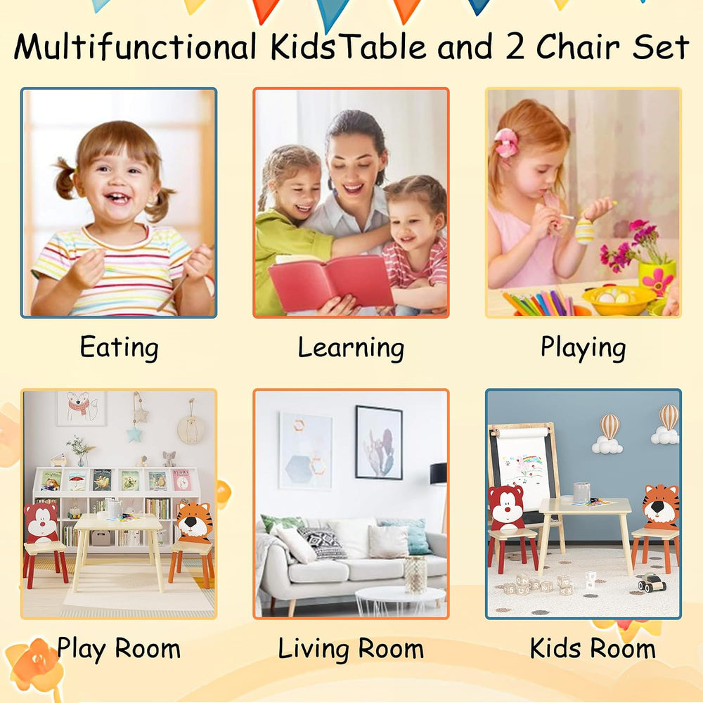 3 Pieces Table and Chair Set, Tiger & Bear Pattern Activity Play Set with...