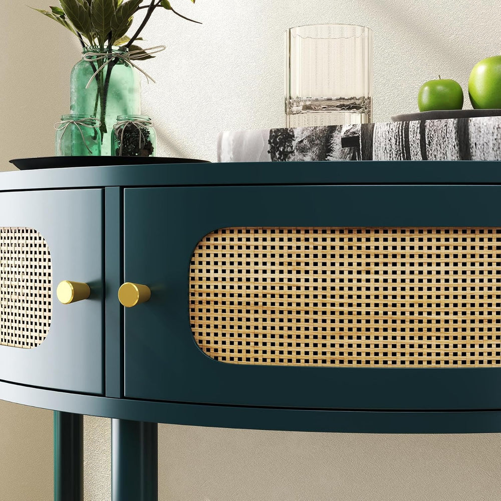 Unique Half Moon Console Table with Rattan Doors, 31.5" Rattan End Table...