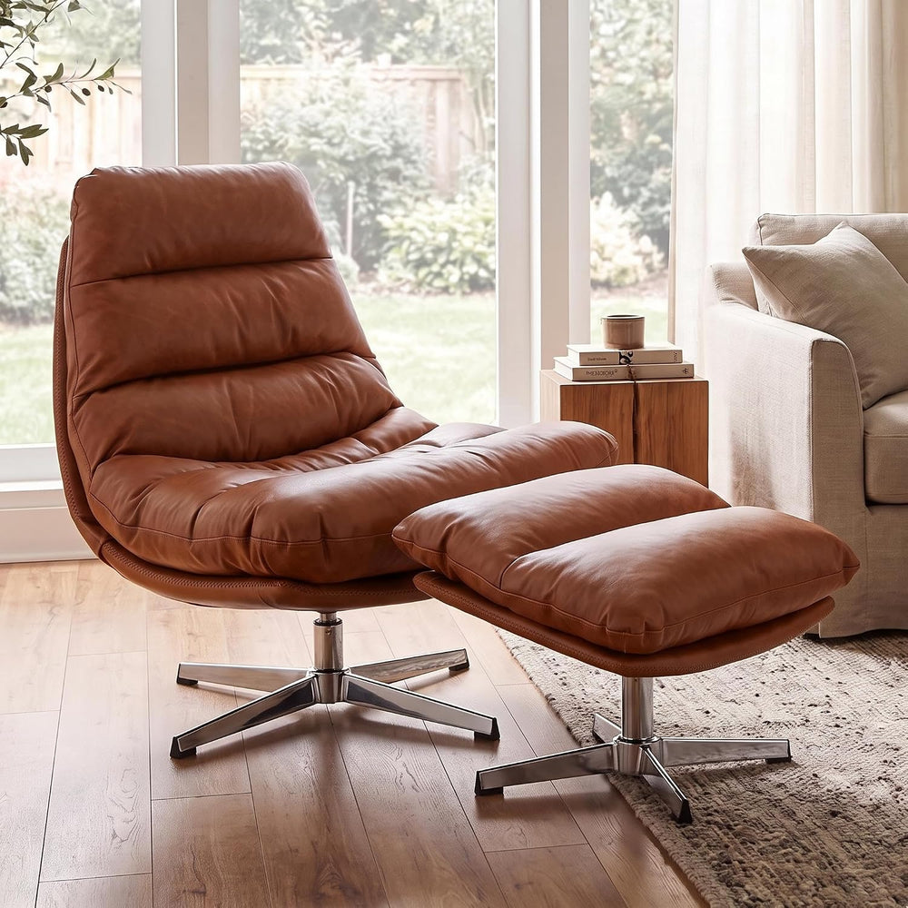 HNY Brown Swivel Lounge Chair with Ottoman Modern PU Leather Accent Chair wit...
