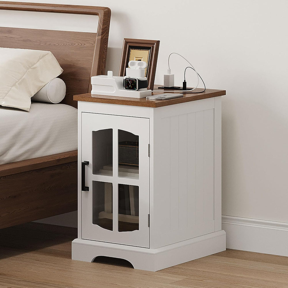 ChooChoo Farmhouse End Table Set of 2 with Charging Station, Nightstand with ...