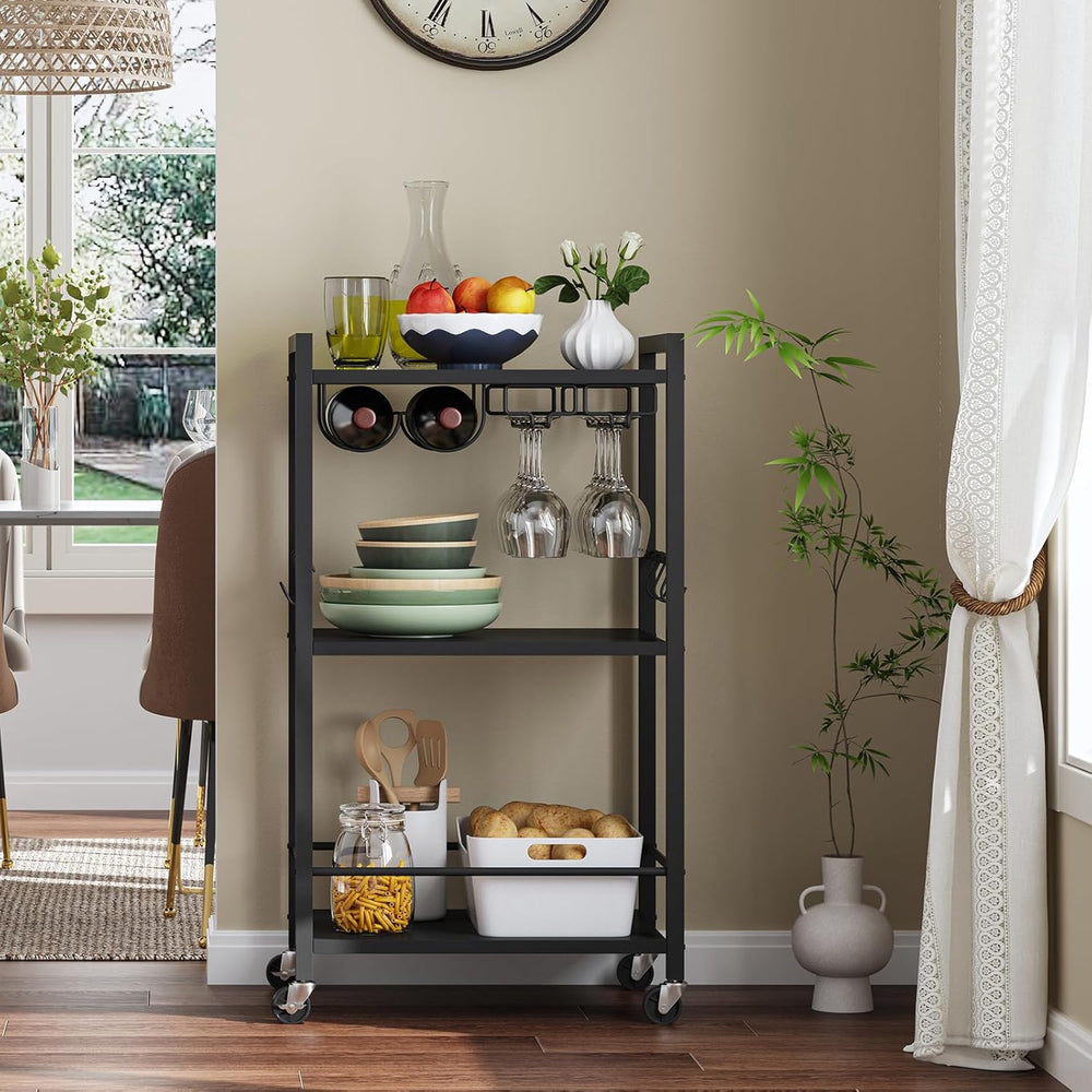 TUTOTAK Bar Cart with Wheels, Mini Drink Cart with Wine Rack & Glass Hold...