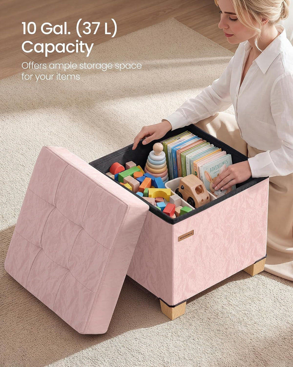 SONGMICS Storage Ottoman, Textured PU Leather Footstool with Legs, Footrest w...