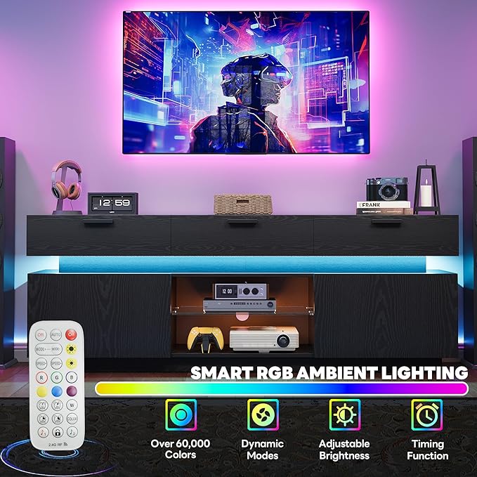 LIKIMIO Black TV Stand for TVs 85 inch, Entertainment Center with Power Outle...