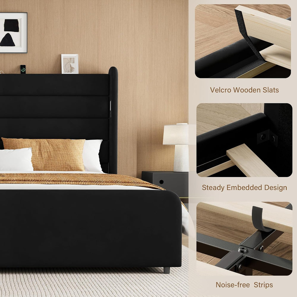 King Size Bed Frame with 59'' Tall Headboard with Readlight, Black