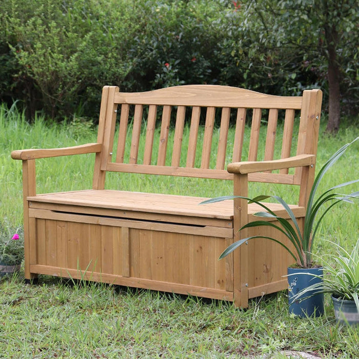 48.8in Wooden Outdoor Storage Bench with backrest, Patio Garden Bench 2-Seater, Weatherproof Storage Box Bench for Backyard, Porch, Terrace, Garden (Natural, Wood)