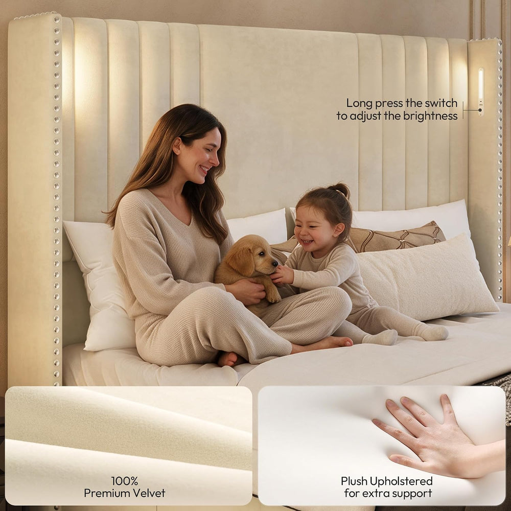 Belffin 59" Tall Queen Size Platform Bed Frame with 2 Touch Lights, Beige