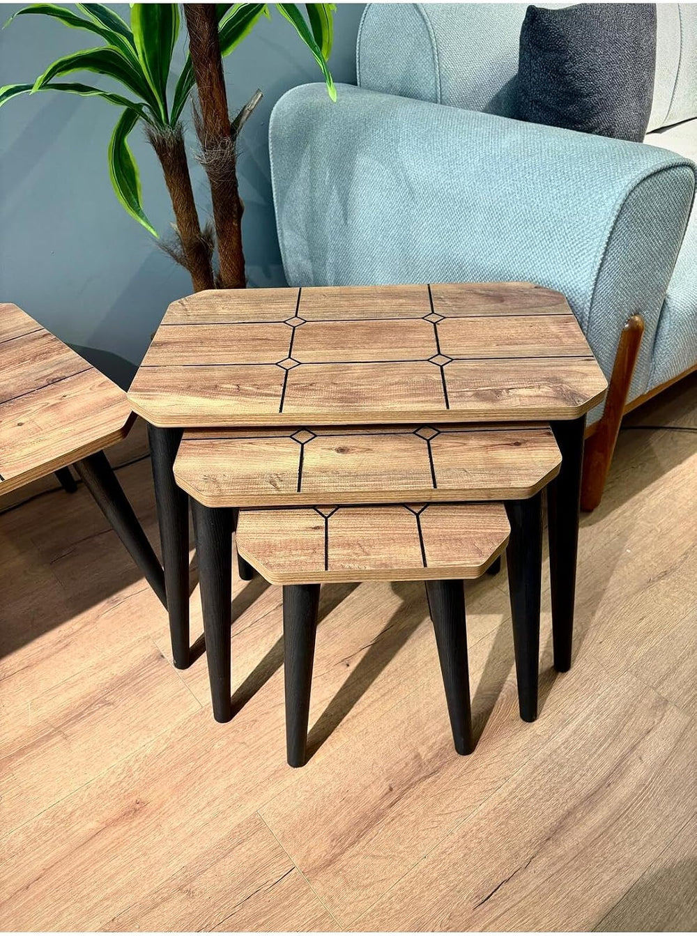 3-Piece Nesting Side Table Set Antique Pine Wood Modern Style Rectangular Top...