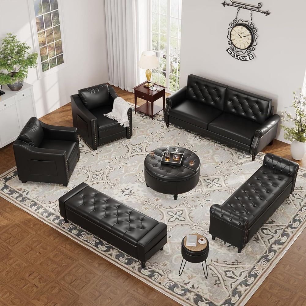 60" Storage Ottoman Bench, Faux Leather Upholstered Bed Bench, Black