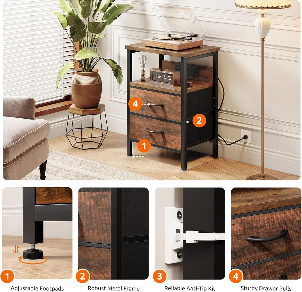 Lazzanto Night Stand with Charger Station for Bedroom, Brown Nightstand | Bed...