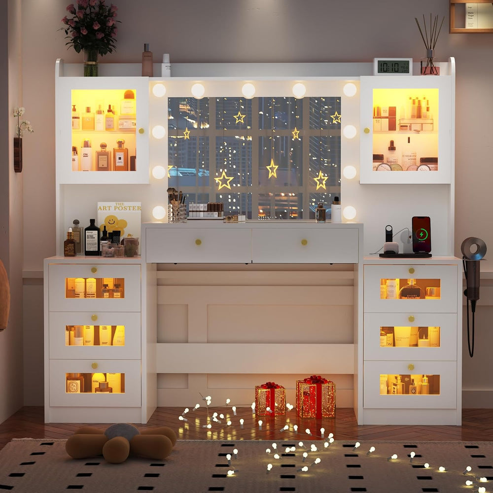 62 Inch Large Makeup Vanity Desk with Mirror and Lights 3 Color Lighting, Gla...