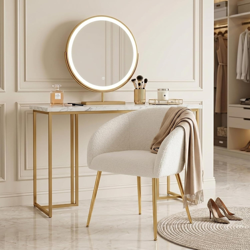Modern Vanity Chair, Living Room Chair with Metal Legs,Teddy Fabric Dining Ch...